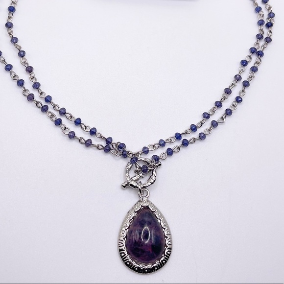 New York & Co Purple and Silver Beaded Double Strand Teardrop Toggle Necklace - Picture 4 of 6